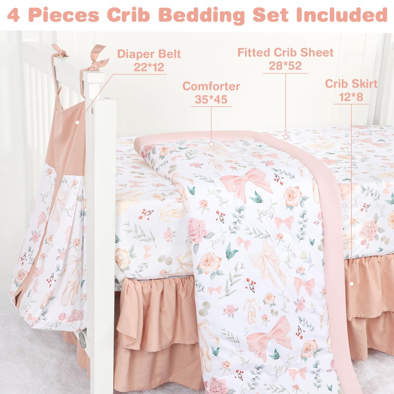 GFU Crib Bedding Set for Girls 4-Piece, Bow Baby Girl Crib Bedding Set Pink Flowes, Nursery Sets Includes Comforter, Fitted Crib Sheet, Crib Skirt, and Diaper Stacker - Image 3