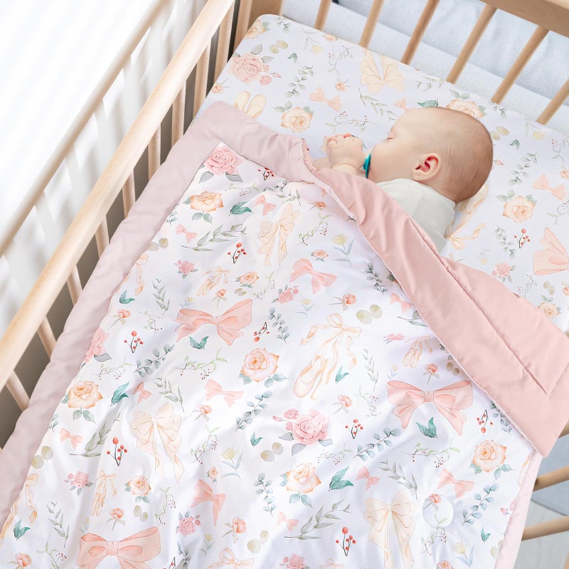 GFU Crib Bedding Set for Girls 4-Piece, Bow Baby Girl Crib Bedding Set Pink Flowes, Nursery Sets Includes Comforter, Fitted Crib Sheet, Crib Skirt, and Diaper Stacker - Image 2