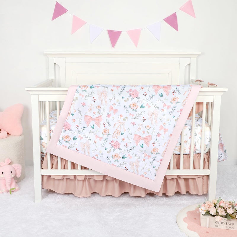 GFU Crib Bedding Set for Girls 4-Piece, Bow Baby Girl Crib Bedding Set Pink Flowes, Nursery Sets Includes Comforter, Fitted Crib Sheet, Crib Skirt, and Diaper Stacker - Image 1