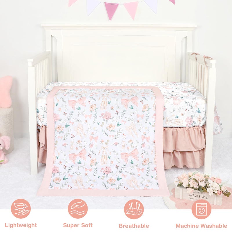 GFU Crib Bedding Set for Girls 4-Piece, Bow Baby Girl Crib Bedding Set Pink Flowes, Nursery Sets Includes Comforter, Fitted Crib Sheet, Crib Skirt, and Diaper Stacker - Image 4