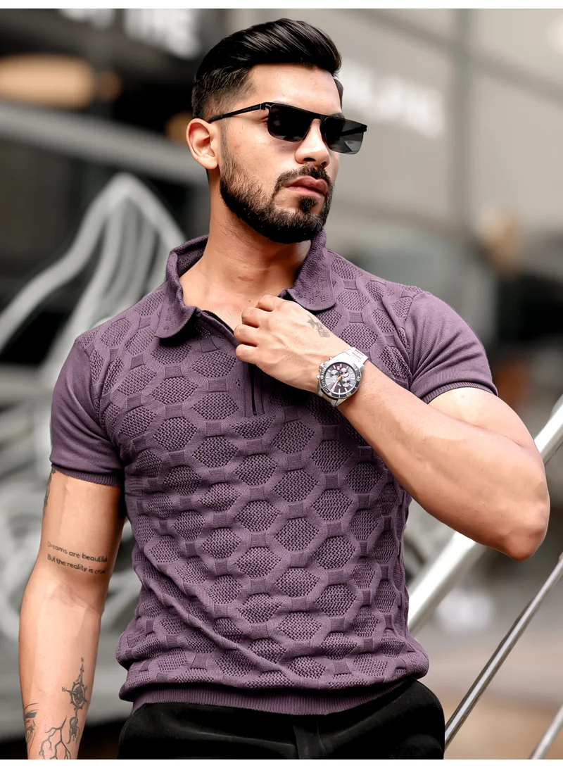 مانياك تي شيرت بولو رجالي مانياك قطن لافندر نصف كم بياقة نصف سحاب