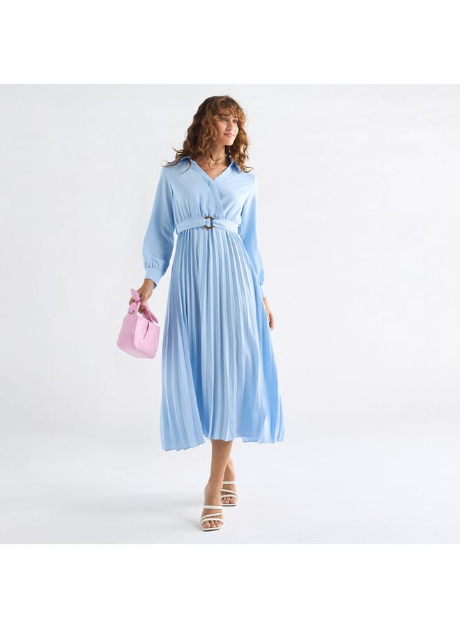 Splash FAV Pleated Shirt Dress with Belt and Long Sleeves - Image 1