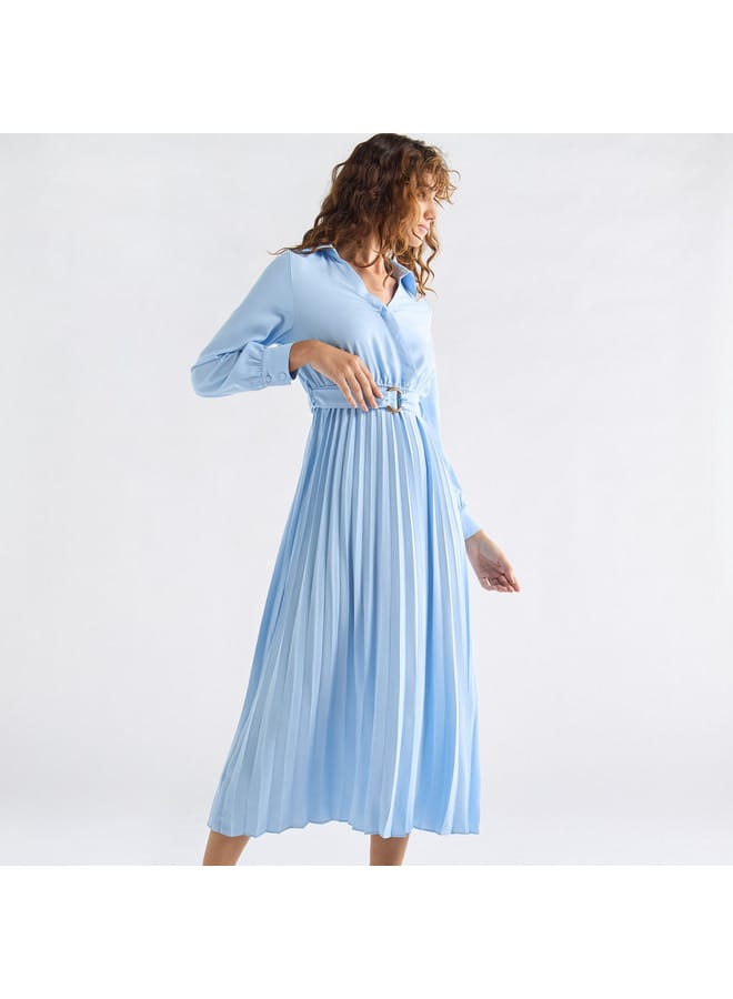 Splash FAV Pleated Shirt Dress with Belt and Long Sleeves - Image 2