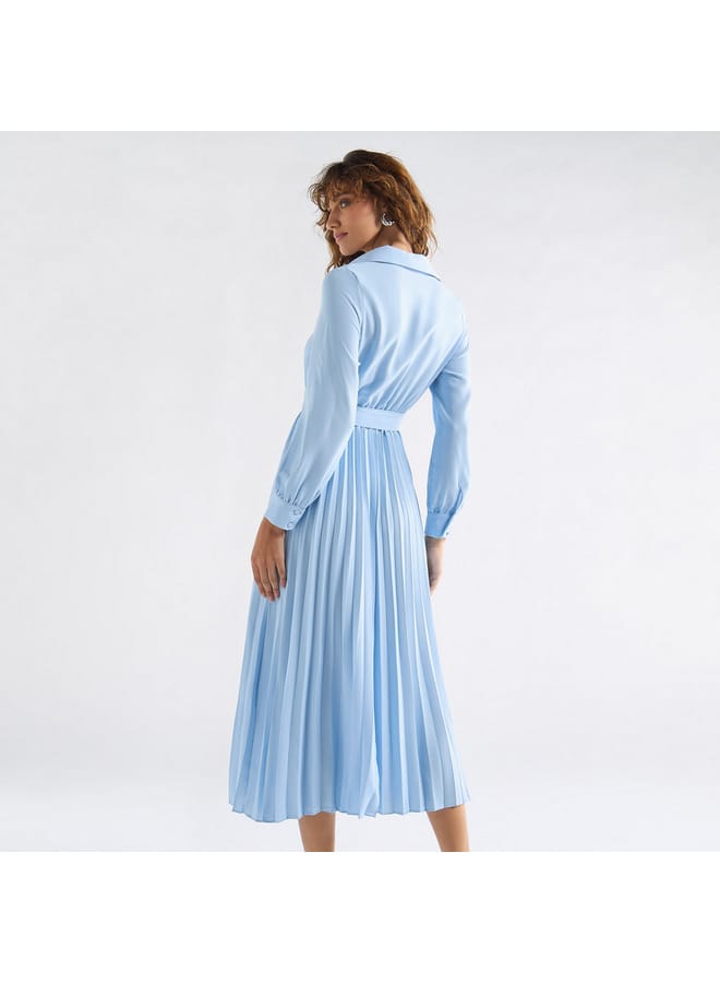 Splash FAV Pleated Shirt Dress with Belt and Long Sleeves - Image 3