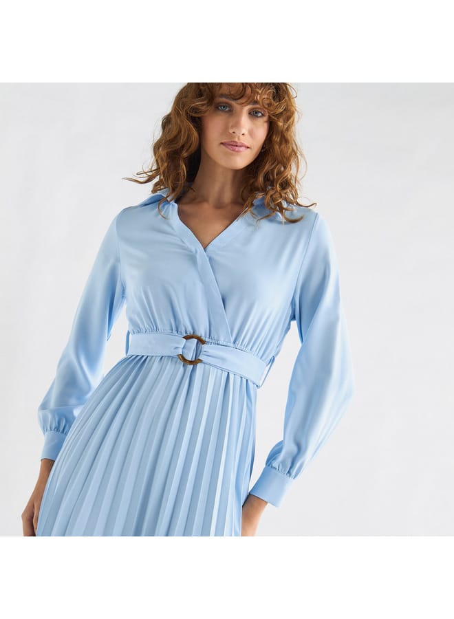 Splash FAV Pleated Shirt Dress with Belt and Long Sleeves - Image 4