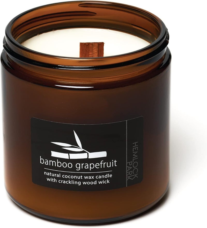 Hemlock Park Crackling Wood Wick Candle Handcrafted with Natural Coconut Wax (Large 16 oz, Bamboo Grapefruit)