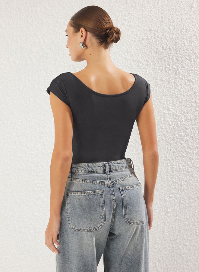 trendyol Anthracite Fitted/Fits the Body Boat Neck Flexible Snap Knit Bodysuit - Image 4