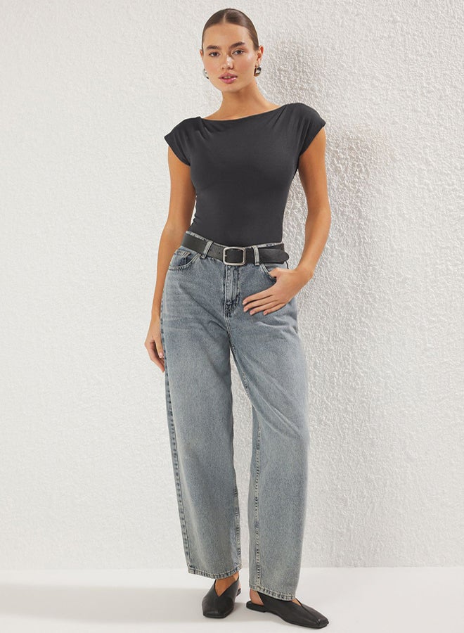 trendyol Anthracite Fitted/Fits the Body Boat Neck Flexible Snap Knit Bodysuit - Image 2