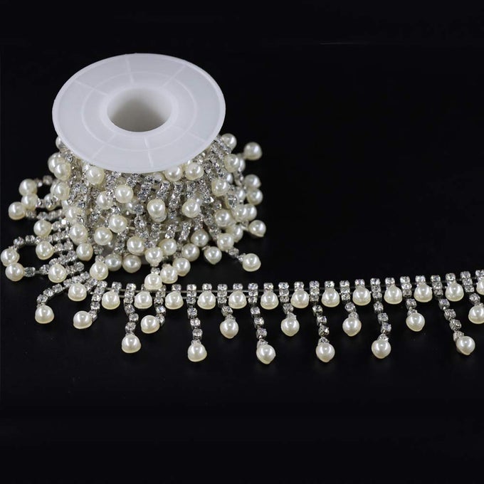 1 YARD PEARL TASSEL RHINESTONE TRIM INLAID PEARL BEADED CHAIN CRYSTAL APPLIQUE IDEAL FOR DIY AND WEDDING PARTY DECORATION BRIDAL EMBELLISHMENTS 055 WIDTH TASSEL2