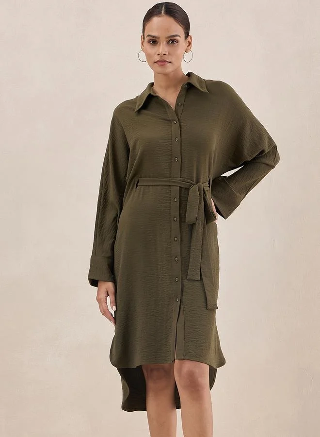 Femmella Femmella Solid Button Down Shirt Midi Dress with Tie-Up Belt