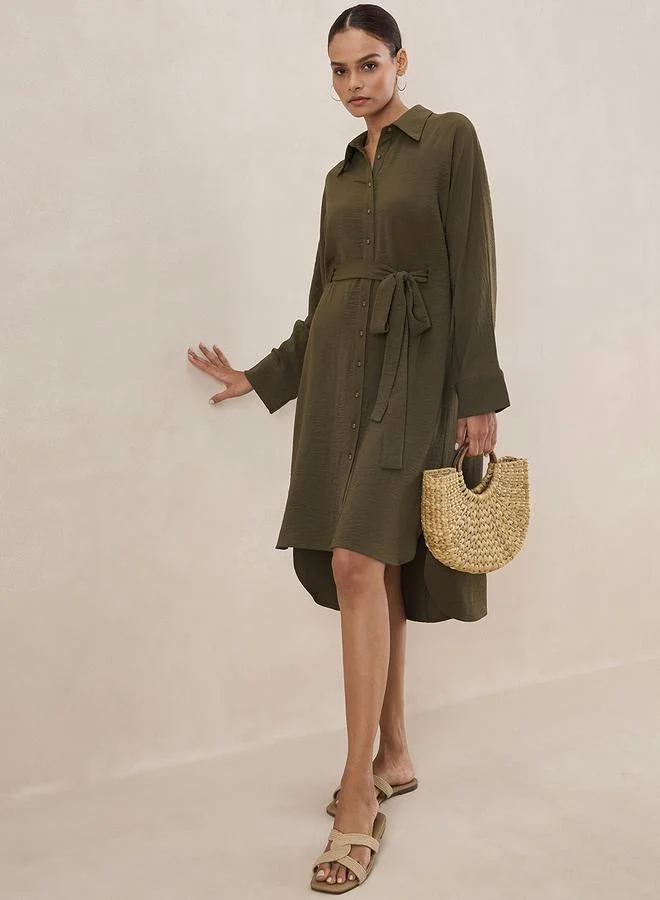 Femmella Femmella Solid Button Down Shirt Midi Dress with Tie-Up Belt