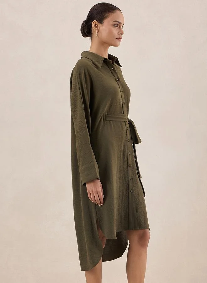 Femmella Femmella Solid Button Down Shirt Midi Dress with Tie-Up Belt