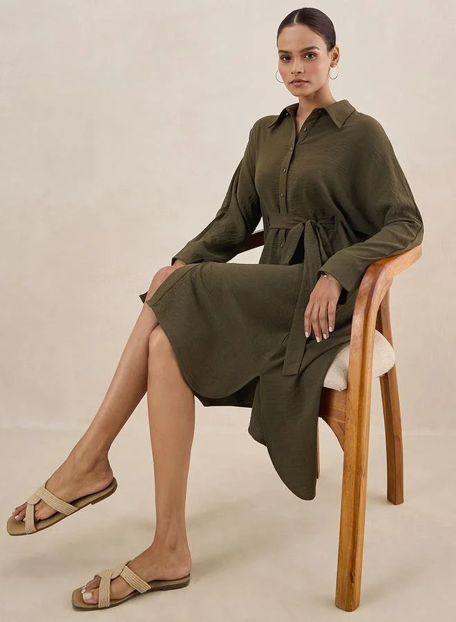 Femmella Femmella Solid Button Down Shirt Midi Dress with Tie-Up Belt