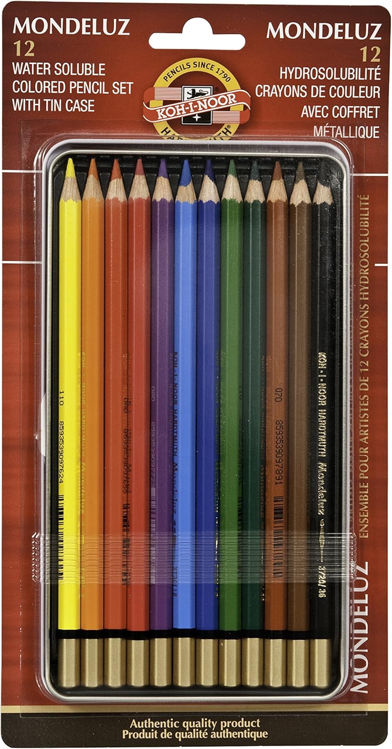 Koh-I-Noor Mondeluz Aquarelle Watercolor Pencil Set - 12 Assorted Colors in Tin Case - Image 1