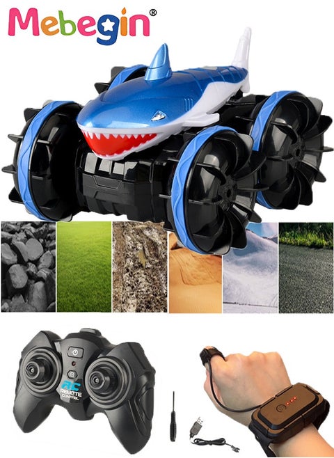 Amphibious Remote Control Car with Shark Shape, 2.4 GHz Double Side Radio Control Drift Race Car, Gesture Sensing RC Stunt Car, Suitable for Various Roads, Ideal Gift for Kids Aged 6+