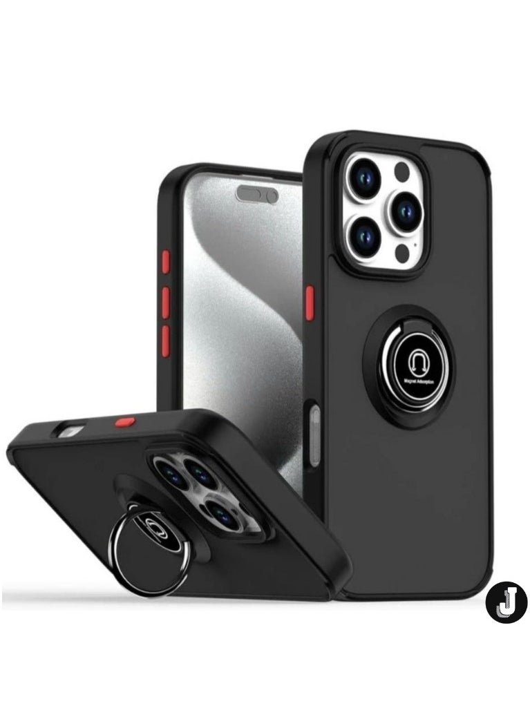 JAJEEK iPhone 16 Plus Case Cover – Black Matte Shockproof Bumper with Metal Ring Holder Kickstand & Car Magnetic Mount - Image 1