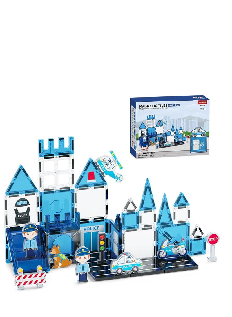 0TO1 TECH Magnetic Tiles Building Blocks, Police Theme Magnetic Tiles, Preschool Learning Building Set with Polices Car & Helicopter for Ages 3-8, Birthday Gift for Boys & Girls(42PCS) (Police Theme) - Image 1