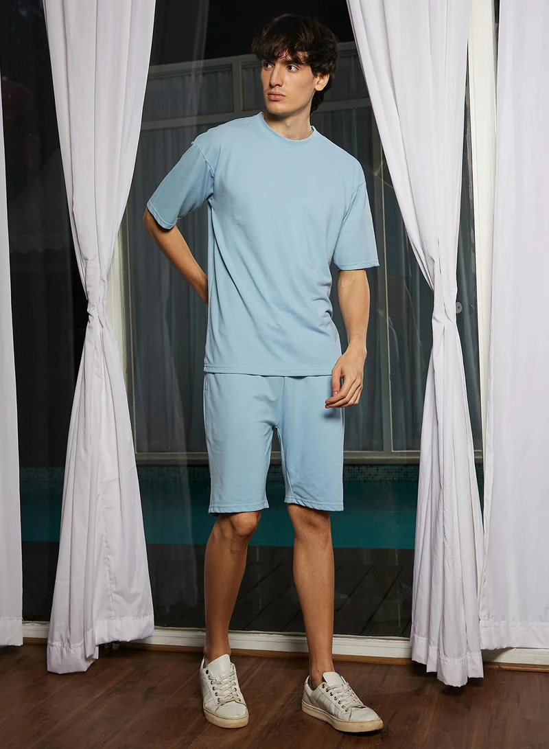 Campus Sutra Men's Powder Blue Solid Everyday Co-Ord set