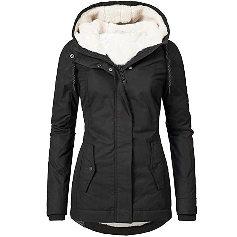 Export 2025 New Product Pure Color Hooded Long-Sleeved Flap Pocket Pants Zipper Fleece-Lined Warm Cotton Jacket For Women - Image 4