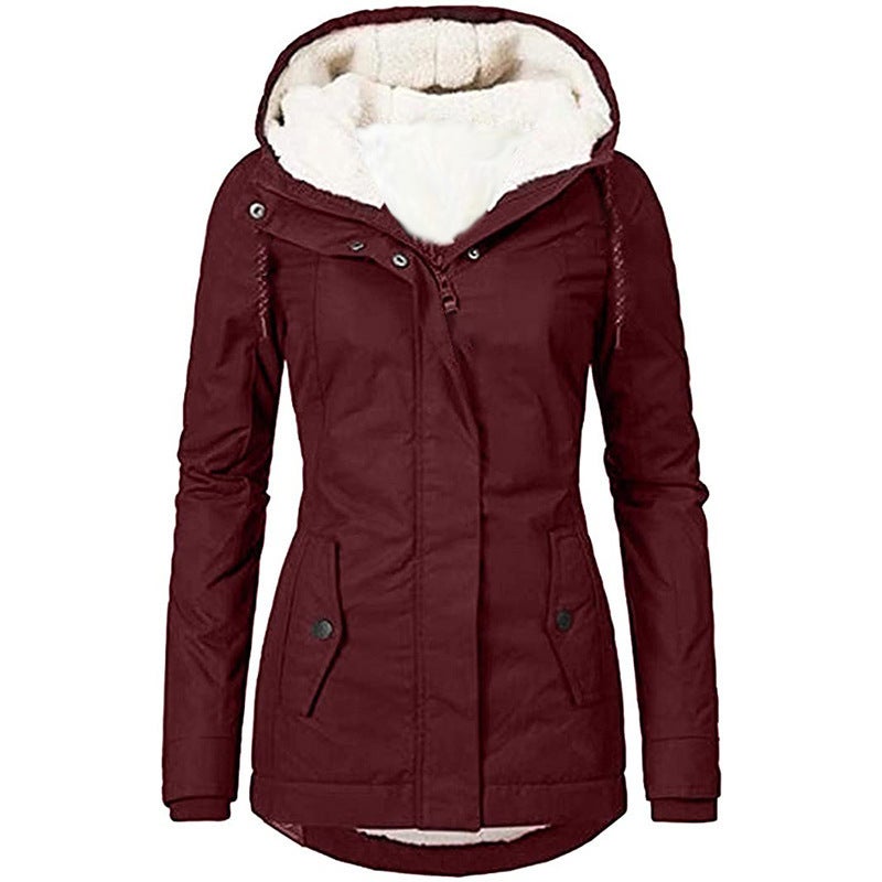 Export 2025 New Product Pure Color Hooded Long-Sleeved Flap Pocket Pants Zipper Fleece-Lined Warm Cotton Jacket For Women - Image 3