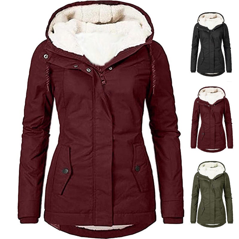 Export 2025 New Product Pure Color Hooded Long-Sleeved Flap Pocket Pants Zipper Fleece-Lined Warm Cotton Jacket For Women - Image 1