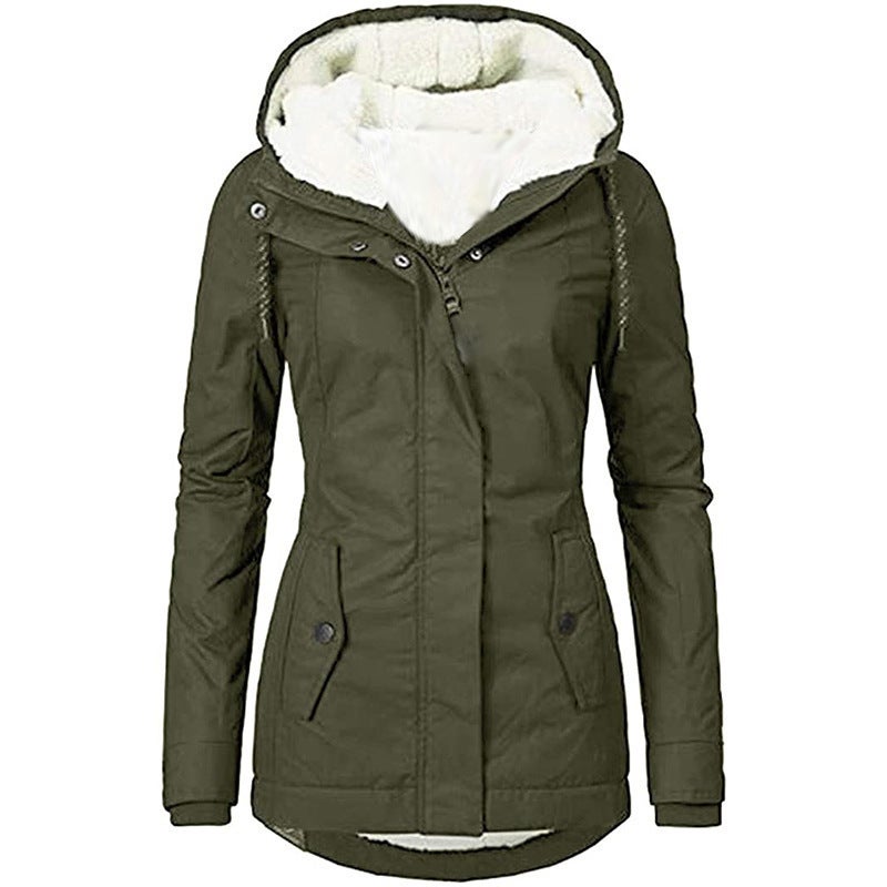 Export 2025 New Product Pure Color Hooded Long-Sleeved Flap Pocket Pants Zipper Fleece-Lined Warm Cotton Jacket For Women - Image 2