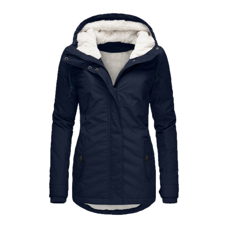 Export 2025 New Product Pure Color Hooded Long-Sleeved Flap Pocket Pants Zipper Fleece-Lined Warm Cotton Jacket For Women - Image 5