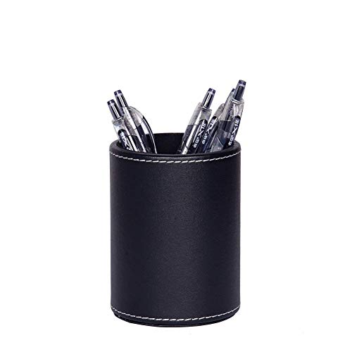 esowemsn 1PC Black PU Leather Round Pencil Pen Cup Holder Stand Desk Organizer Desktop Stationery Container Accessorires for Home, School, Office - Image 1