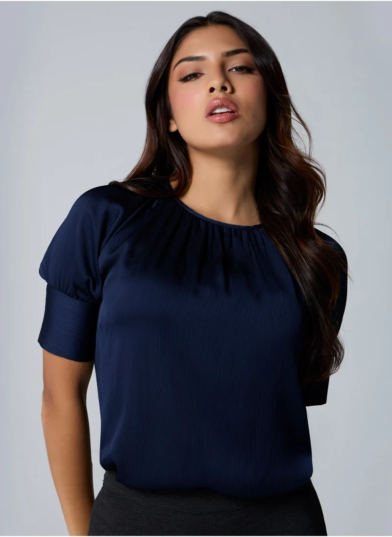 Zigzag Half Sleeve Neck Gathered Blue Top