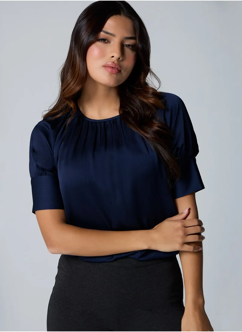 Zigzag Half Sleeve Neck Gathered Blue Top