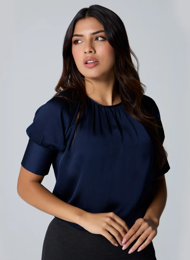 Zigzag Half Sleeve Neck Gathered Blue Top
