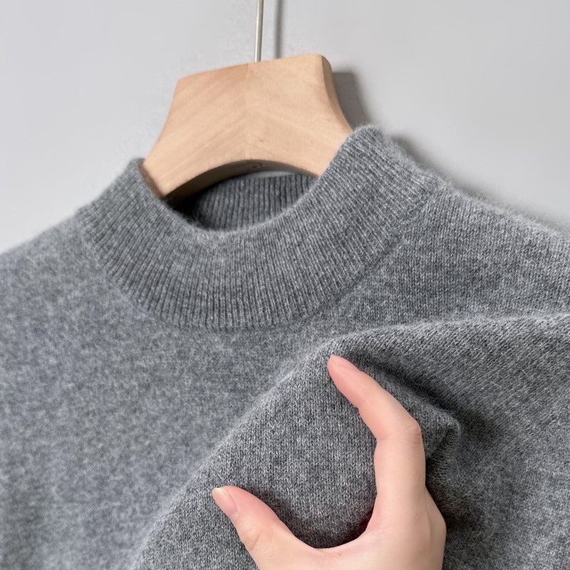 9 colors optional] semi-high collar solid color sweater mens round neck sweater casual fashion base shirt young and middle-aged simple Mid-high collar gray