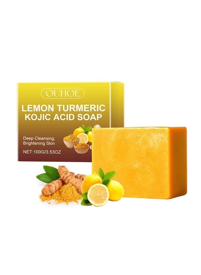 OUHOE Lemon Turmeric Kojic Acid Facial Soap, Deep Cleansing, Brightening Skin, Skin Lightening, Cleansing & Nourishing 100g - Image 2