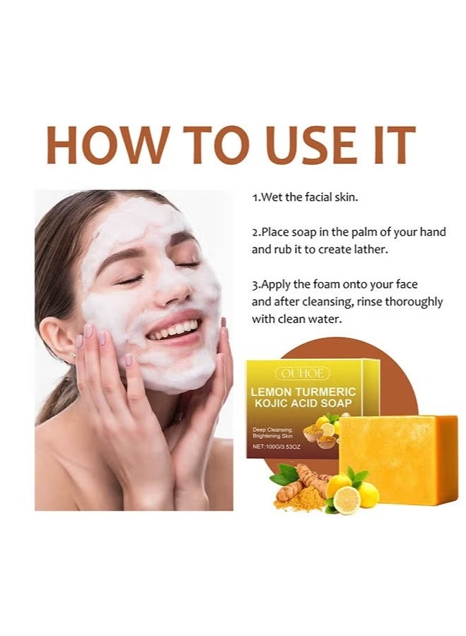 OUHOE Lemon Turmeric Kojic Acid Facial Soap, Deep Cleansing, Brightening Skin, Skin Lightening, Cleansing & Nourishing 100g - Image 3