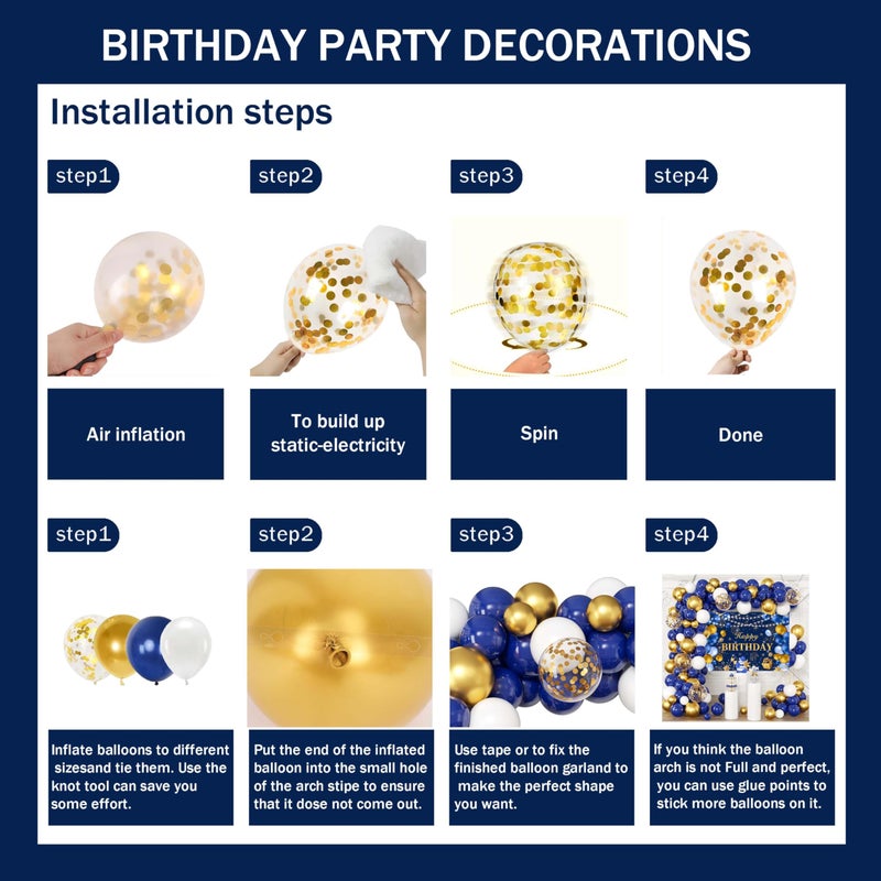 jenlion Blue and Gold Happy Birthday Decorations for Men,Birthday Banner, 70pcs Balloons, Backdrop,Balloon Arch Supplies for Boy - Image 3