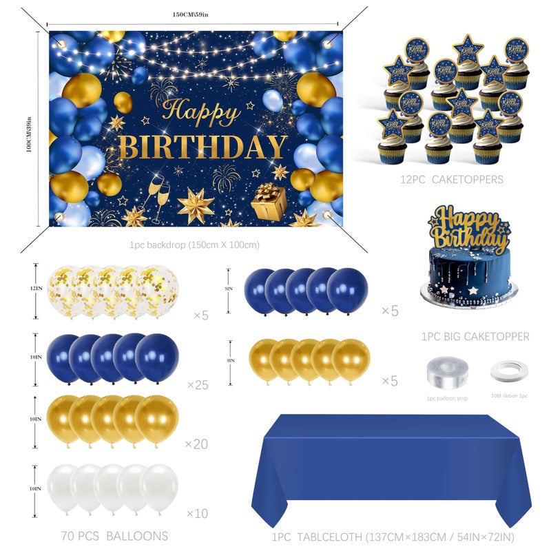 jenlion Blue and Gold Happy Birthday Decorations for Men,Birthday Banner, 70pcs Balloons, Backdrop,Balloon Arch Supplies for Boy - Image 2
