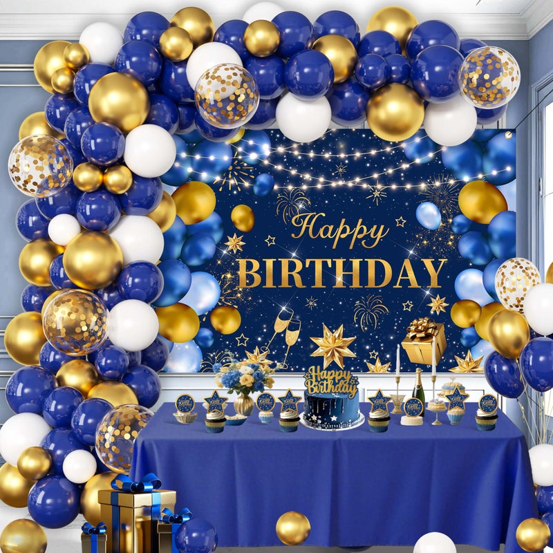 jenlion Blue and Gold Happy Birthday Decorations for Men,Birthday Banner, 70pcs Balloons, Backdrop,Balloon Arch Supplies for Boy - Image 1