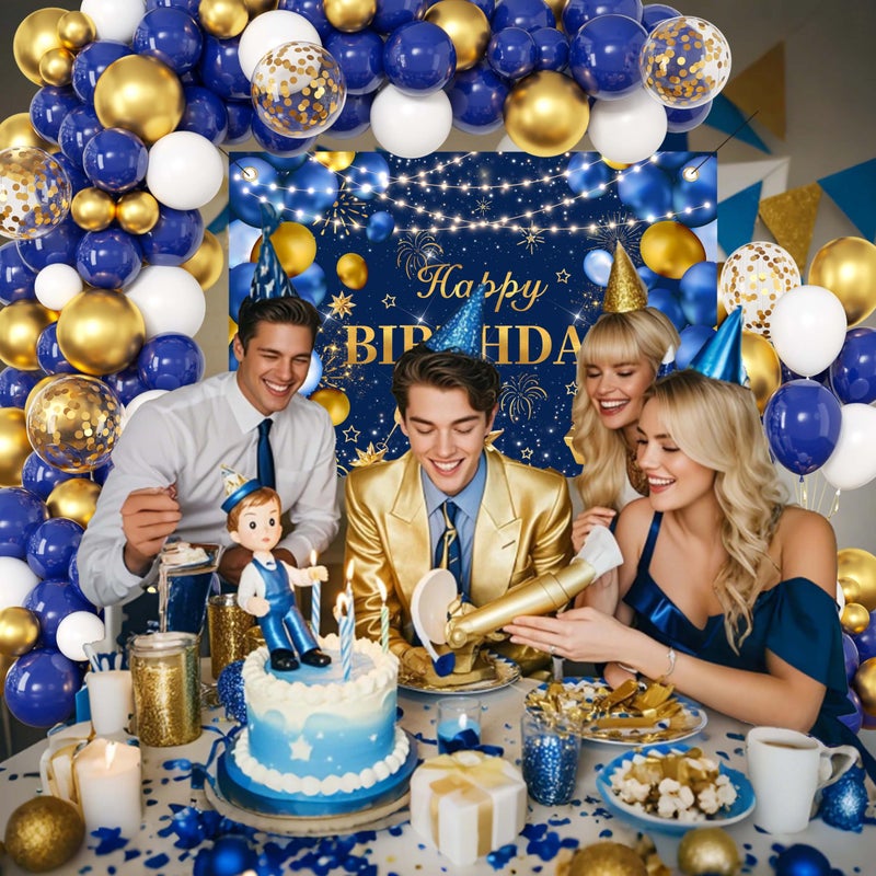 jenlion Blue and Gold Happy Birthday Decorations for Men,Birthday Banner, 70pcs Balloons, Backdrop,Balloon Arch Supplies for Boy - Image 5