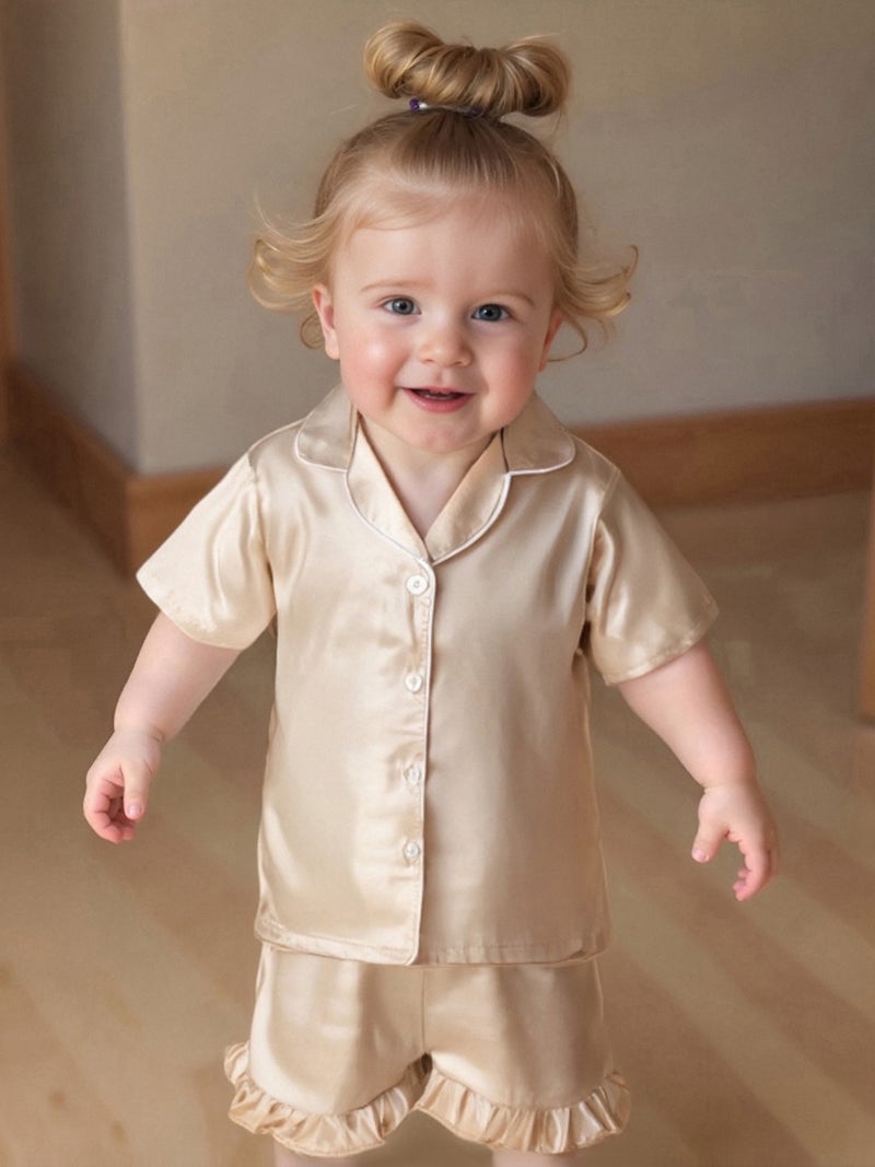 Toddler Baby Girl Summer Pajamas Set Button Down Lapel V Neck Short Sleeve Tops& Ruffled Shorts Solid Lounge Wear 2 Pcs Set - Image 1
