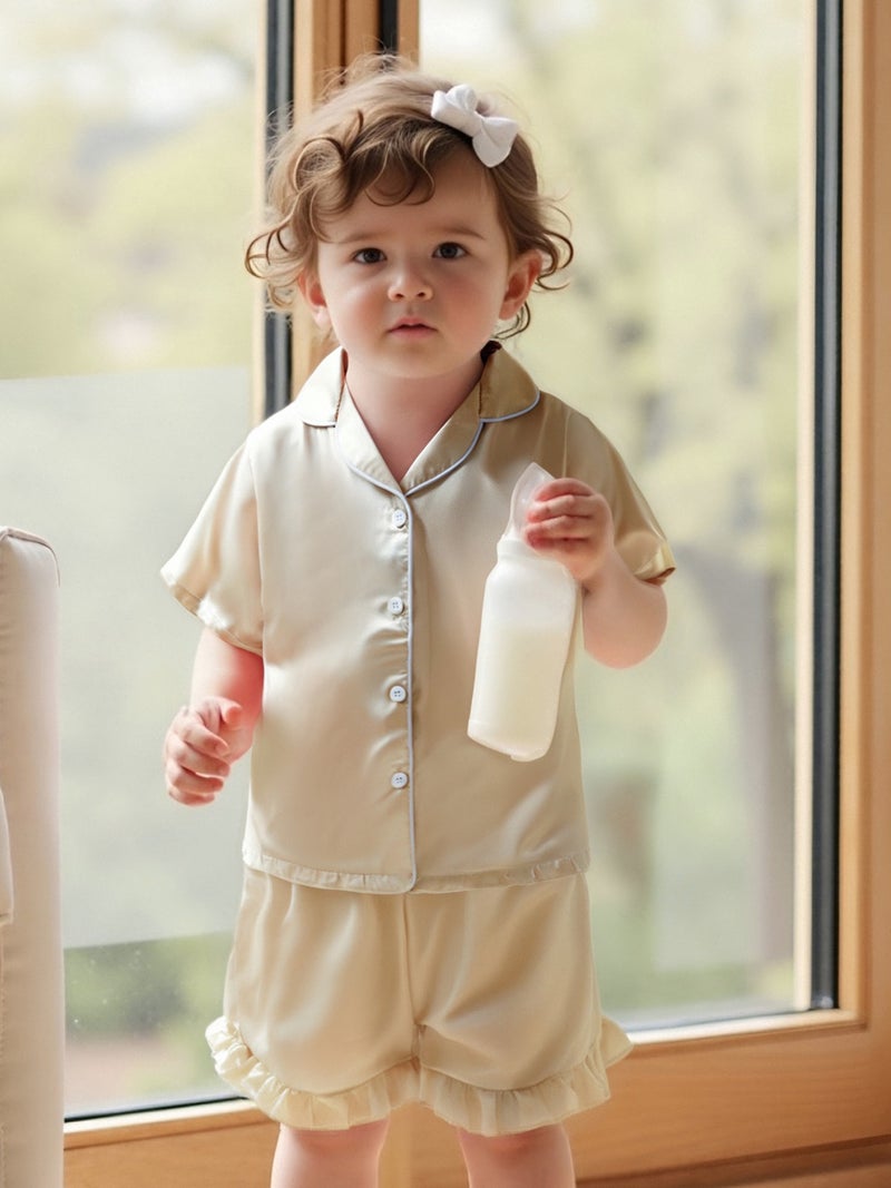 Toddler Baby Girl Summer Pajamas Set Button Down Lapel V Neck Short Sleeve Tops& Ruffled Shorts Solid Lounge Wear 2 Pcs Set - Image 3
