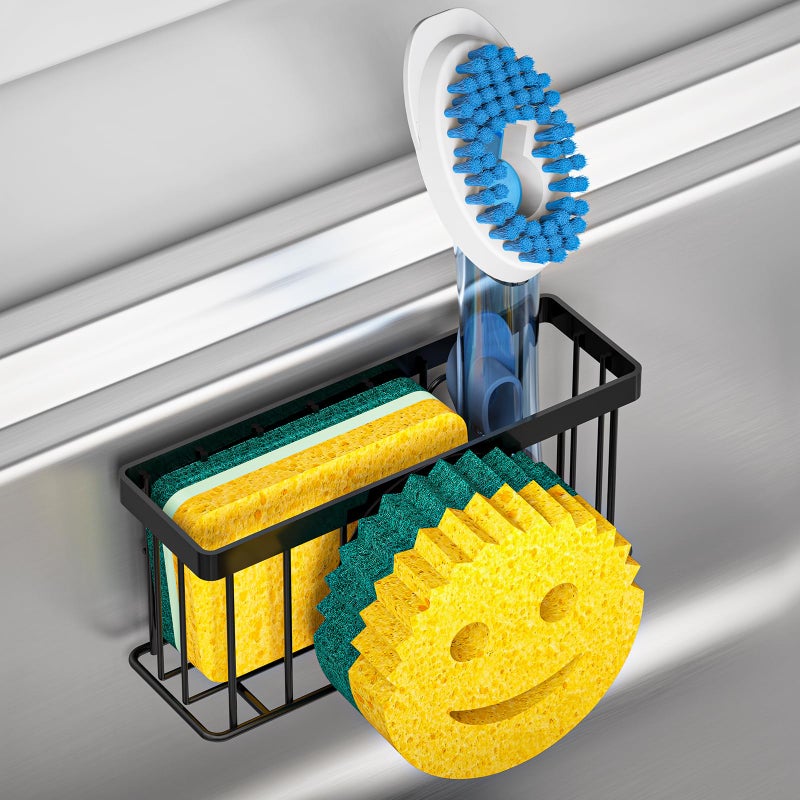 MURLONG Sponge Holder Smiley Face Sink Caddy for kitchen Sink Kitchen Organizer Sponge Holder with 2 PCS Suction Cups1 PCS Adhesive Strips Designed for Sponge Soap Dish brush ScrubberBlack