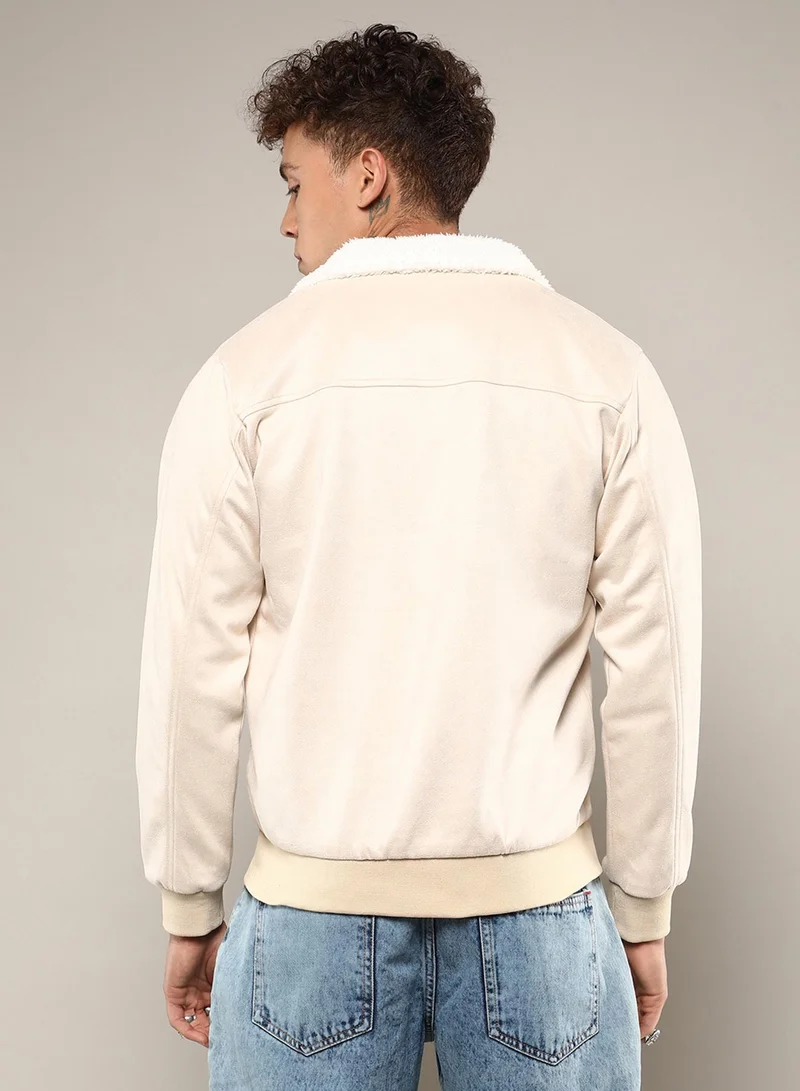 كامبوس سوترا Men's Off-White Fur-Lined Suede Bomber Jacket