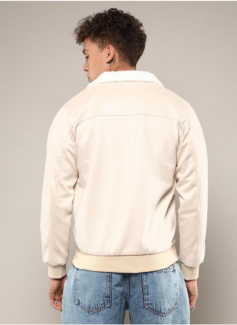 كامبوس سوترا Men's Off-White Fur-Lined Suede Bomber Jacket  - Image 5