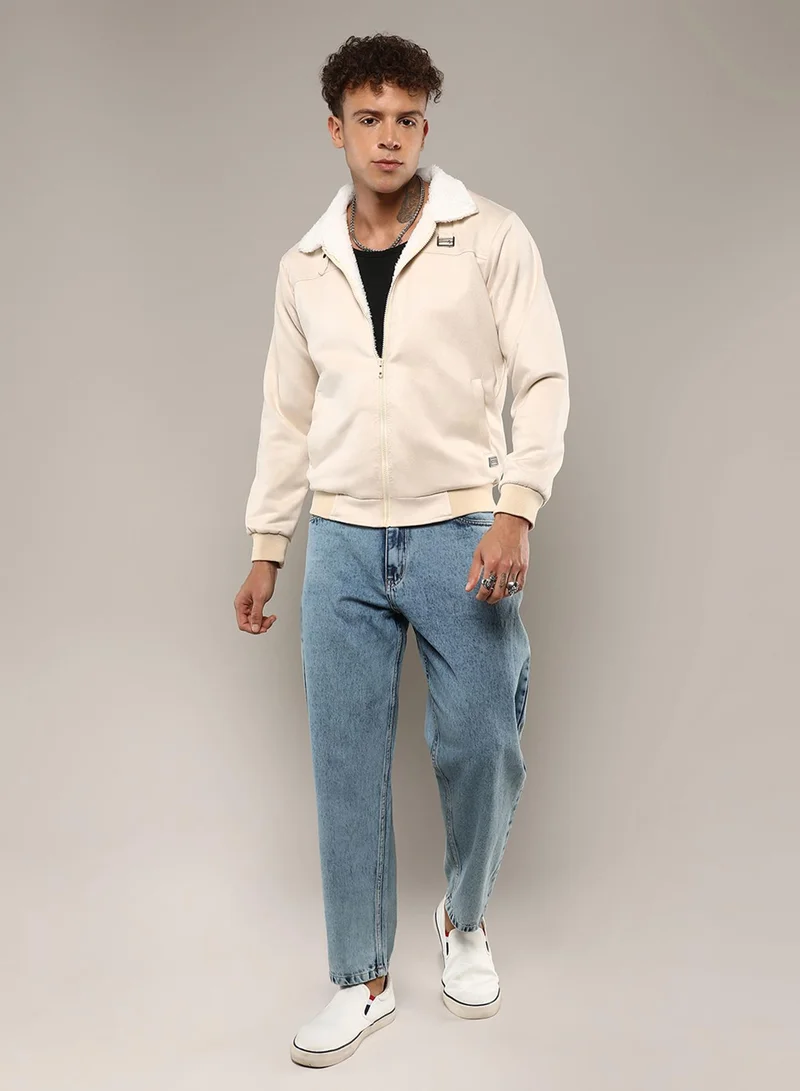 كامبوس سوترا Men's Off-White Fur-Lined Suede Bomber Jacket