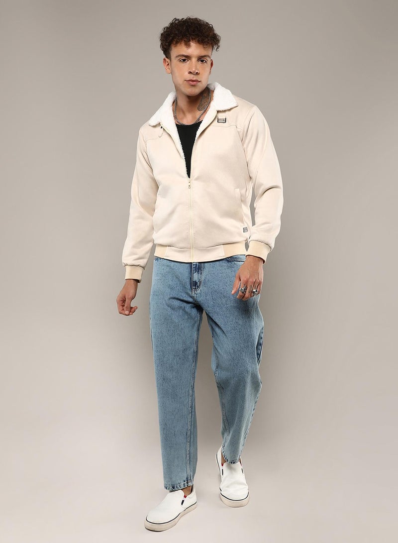 Men's Off-White Fur-Lined Suede Bomber Jacket