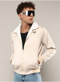 Campus Sutra Men's Off-White Fur-Lined Suede Bomber Jacket  - Image 3