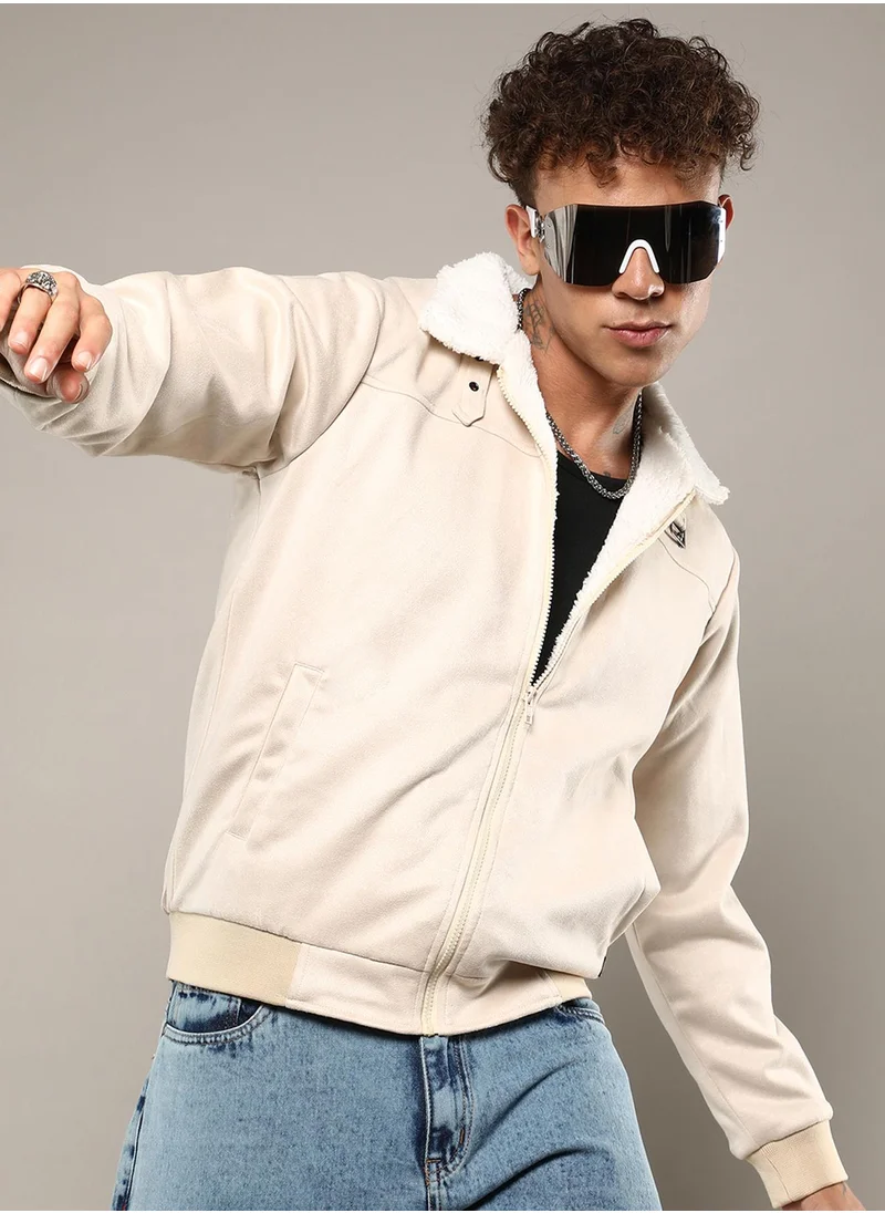 Campus Sutra Men's Off-White Fur-Lined Suede Bomber Jacket