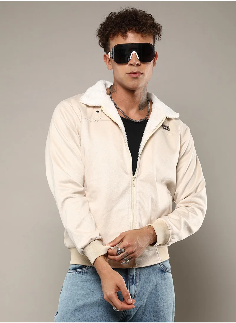 Campus Sutra Men's Off-White Fur-Lined Suede Bomber Jacket
