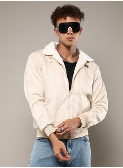 Campus Sutra Men's Off-White Fur-Lined Suede Bomber Jacket  - Image 2