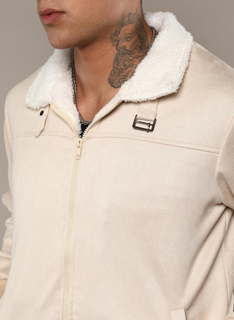 Men's Off-White Fur-Lined Suede Bomber Jacket